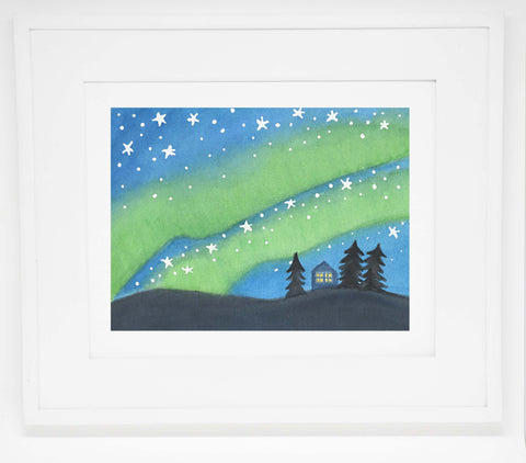 Northern Lights House Art Print -- 8x10