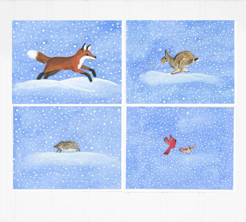 Dashing Through the Snow: Boxed Notecard Set Fox, Bunny, Cardinals, Hedgehog