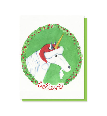 Believe Unicorn Santa Christmas Card